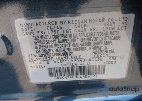 2016 Nissan Versa 1.6 S/1.6 S+/1.6 Sl/1.6 Sv z USA, uszkodzony, nr VIN 3N1CN7AP0GL906121